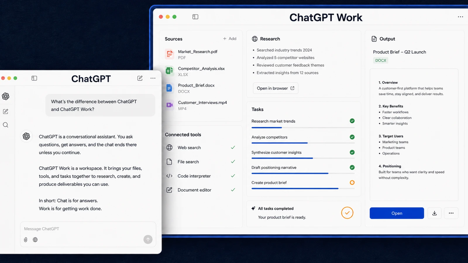ChatGPT answering a question in a single chat next to a ChatGPT Work project using files, tools, and tasks to produce a finished product brief.