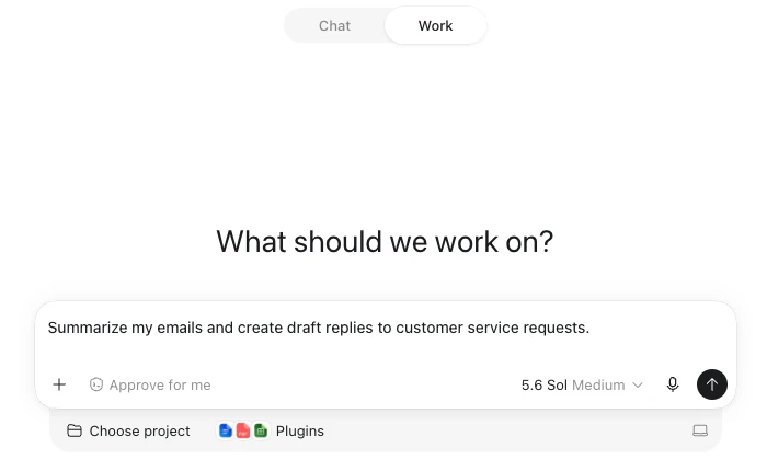 The ChatGPT Work composer with a prompt asking it to summarize emails and draft customer service replies